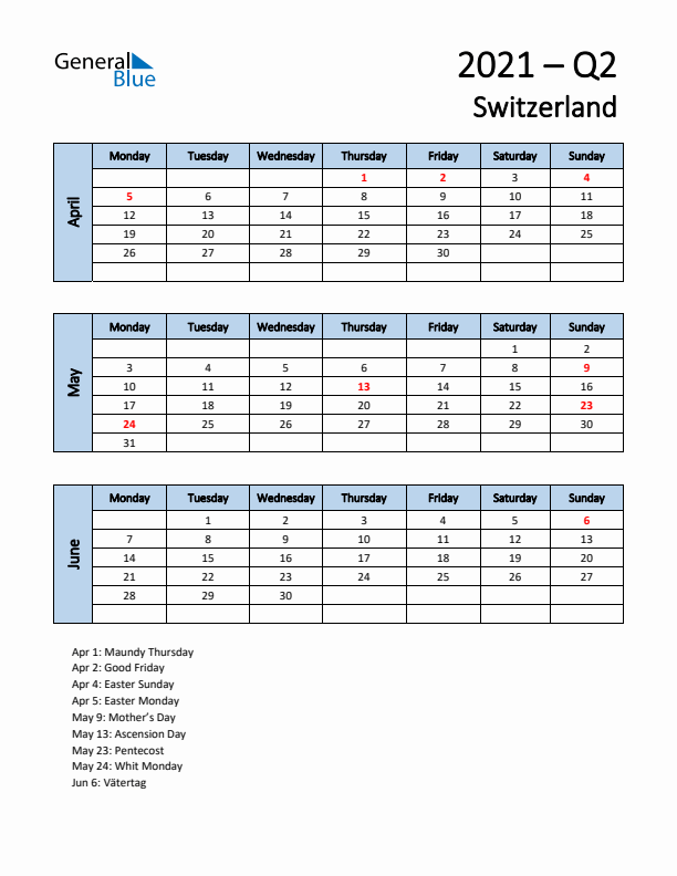 Free Q2 2021 Calendar for Switzerland - Monday Start