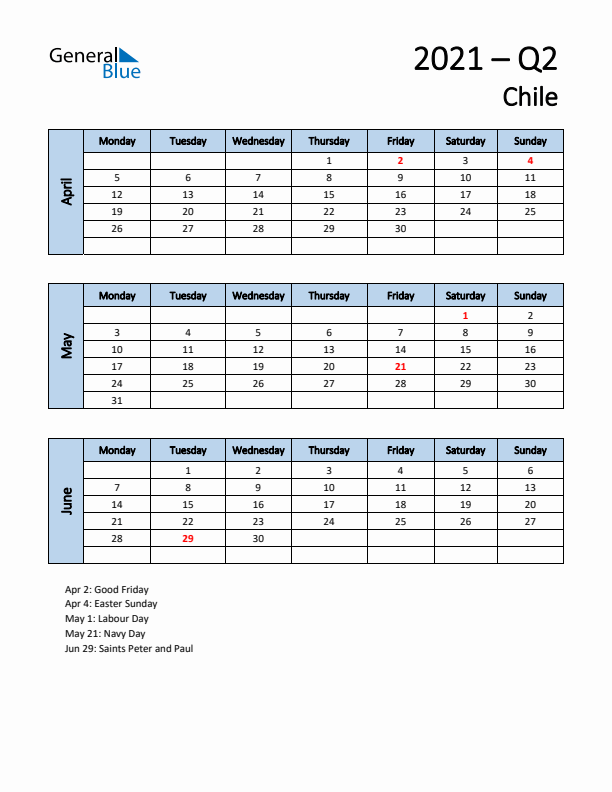 Free Q2 2021 Calendar for Chile - Monday Start
