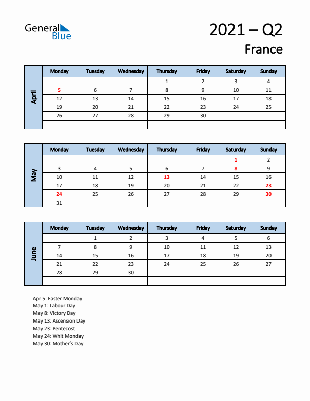 Free Q2 2021 Calendar for France - Monday Start