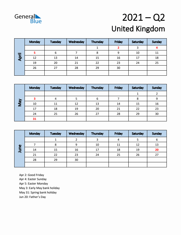 Free Q2 2021 Calendar for United Kingdom - Monday Start
