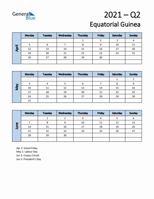 Free Q2 2021 Calendar for Equatorial Guinea - Monday Start