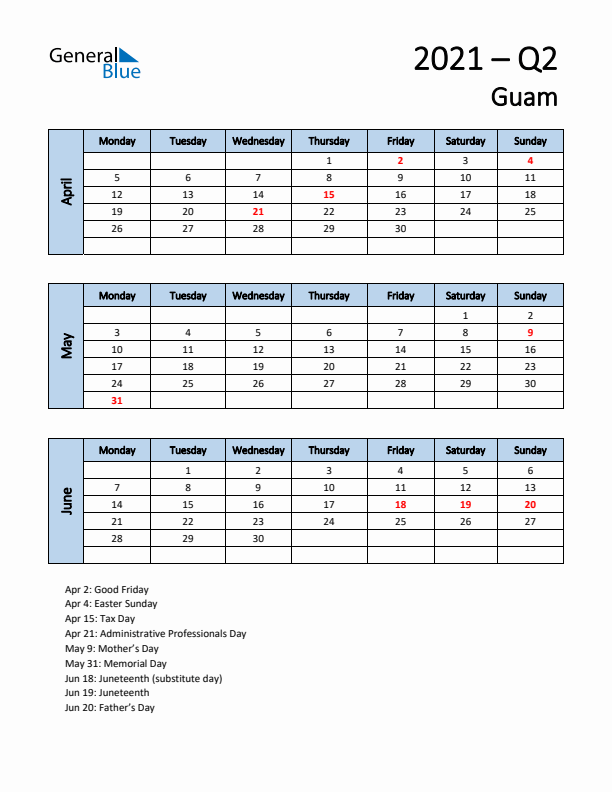 Free Q2 2021 Calendar for Guam - Monday Start