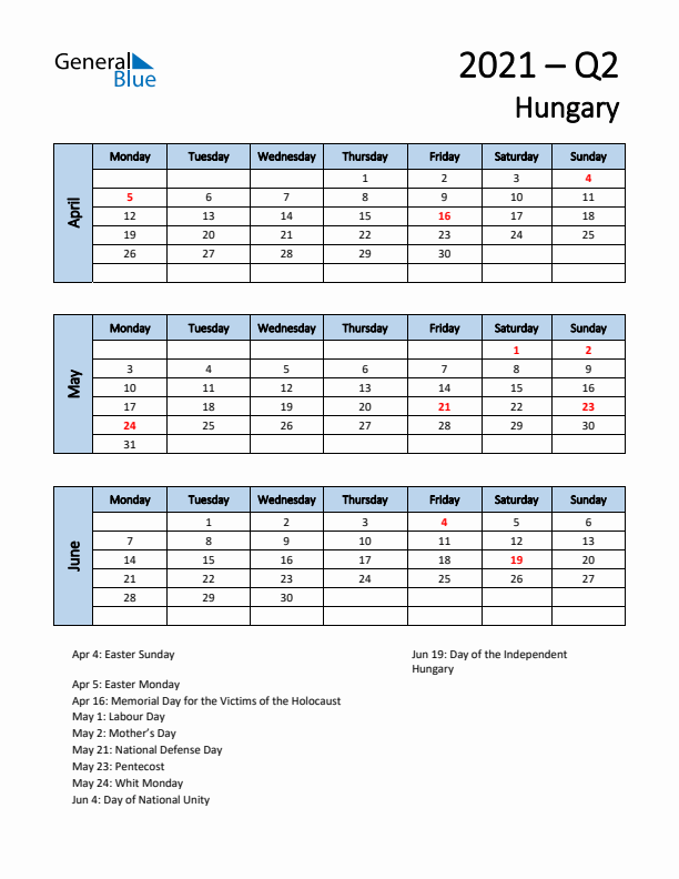 Free Q2 2021 Calendar for Hungary - Monday Start