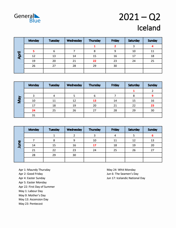 Free Q2 2021 Calendar for Iceland - Monday Start