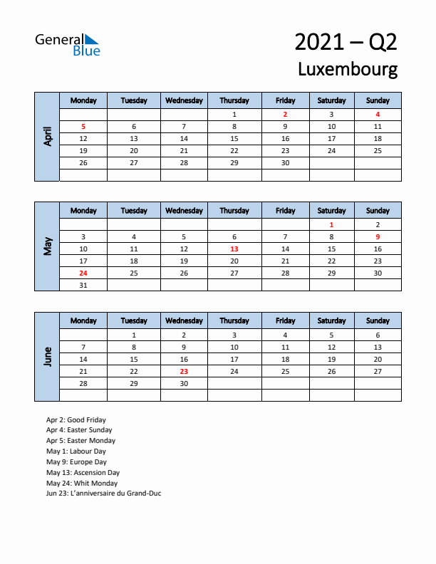 Free Q2 2021 Calendar for Luxembourg - Monday Start