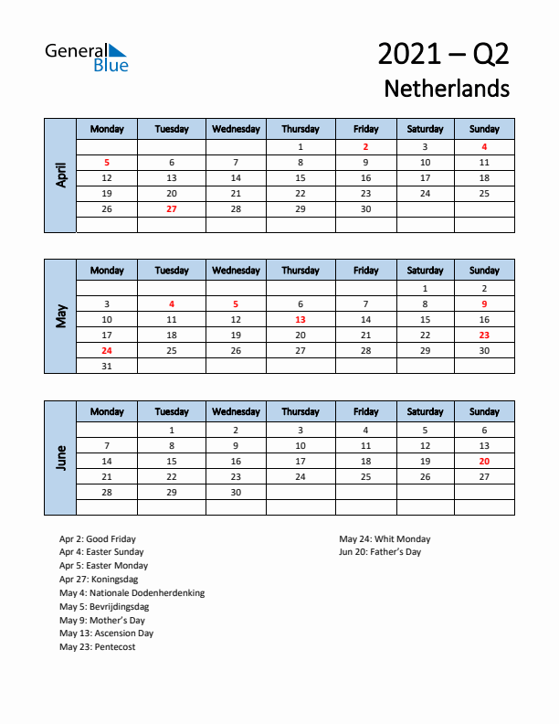Free Q2 2021 Calendar for The Netherlands - Monday Start
