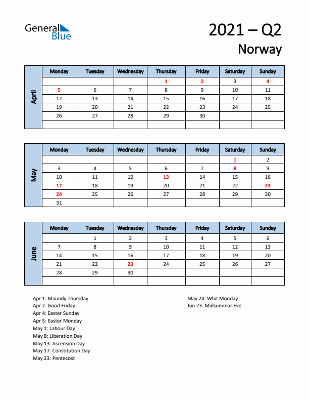Free Q2 2021 Calendar for Norway - Monday Start