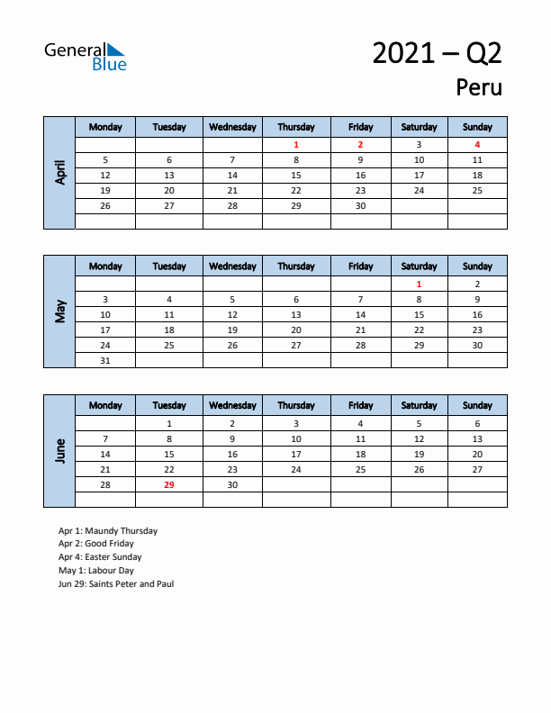 Free Q2 2021 Calendar for Peru - Monday Start