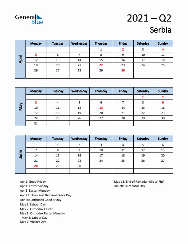 Free Q2 2021 Calendar for Serbia - Monday Start