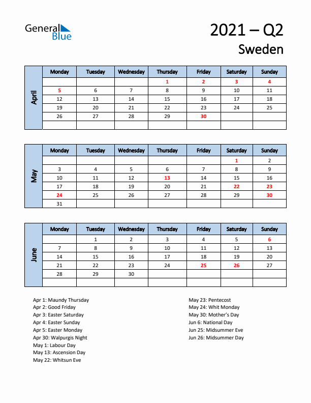Free Q2 2021 Calendar for Sweden - Monday Start