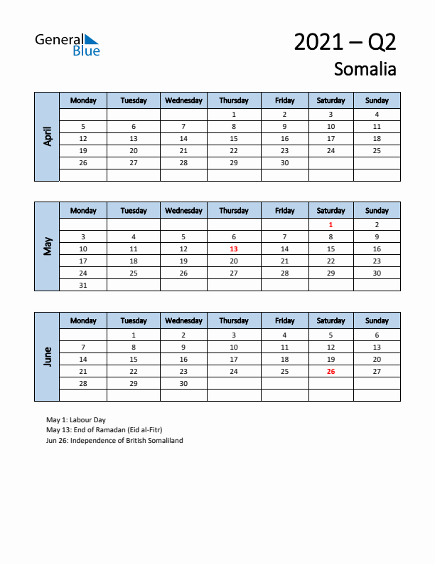 Free Q2 2021 Calendar for Somalia - Monday Start