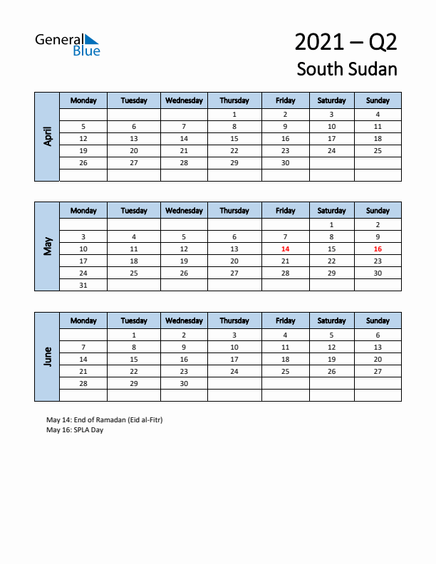 Free Q2 2021 Calendar for South Sudan - Monday Start