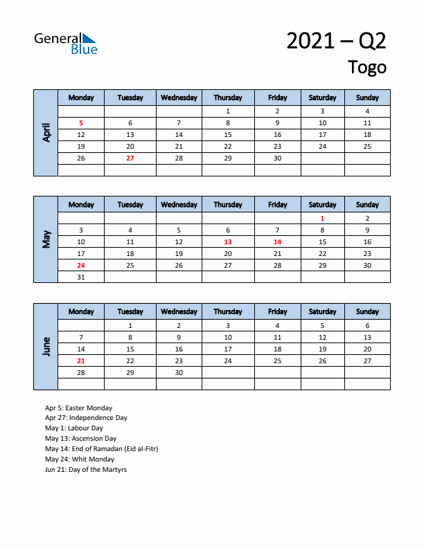 Free Q2 2021 Calendar for Togo - Monday Start