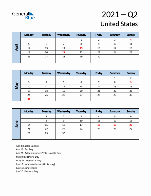 Free Q2 2021 Calendar for United States - Monday Start