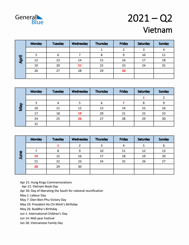 Free Q2 2021 Calendar for Vietnam - Monday Start
