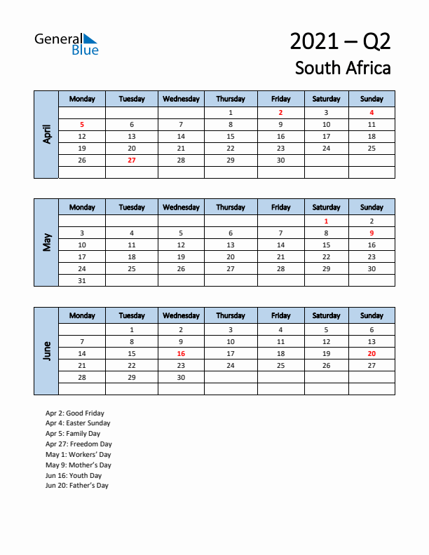 Free Q2 2021 Calendar for South Africa - Monday Start