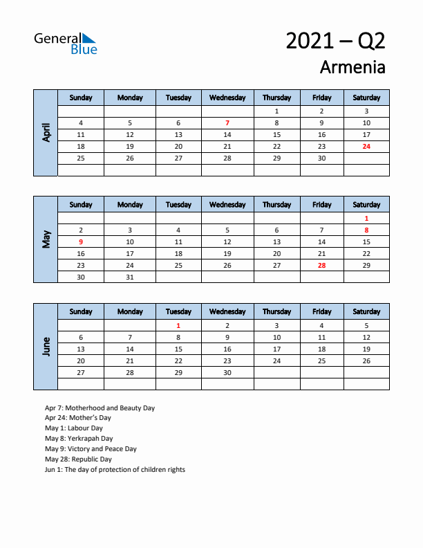 Free Q2 2021 Calendar for Armenia - Sunday Start