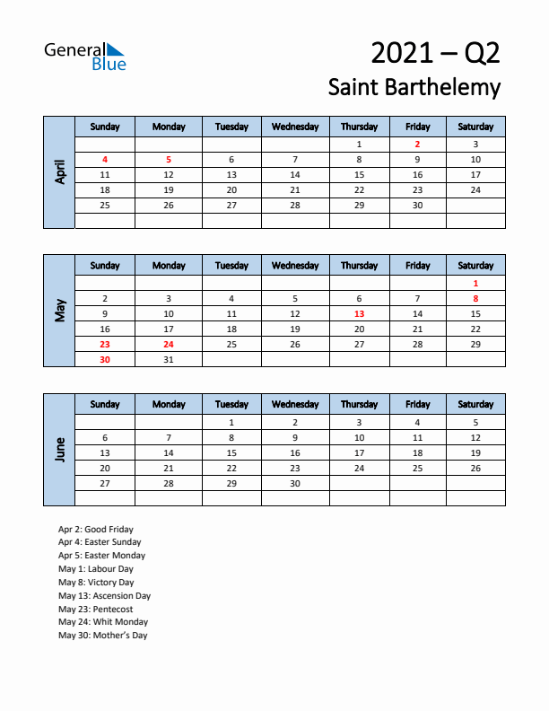 Free Q2 2021 Calendar for Saint Barthelemy - Sunday Start