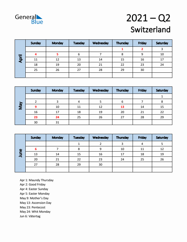 Free Q2 2021 Calendar for Switzerland - Sunday Start