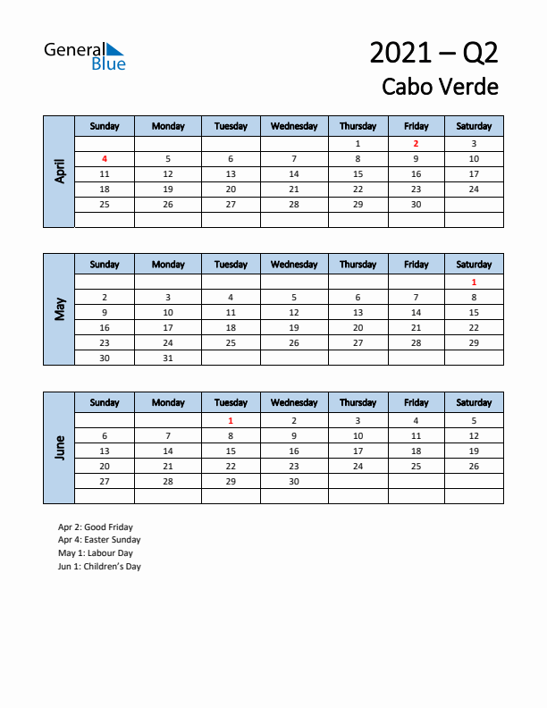 Free Q2 2021 Calendar for Cabo Verde - Sunday Start