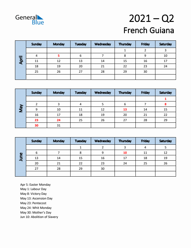 Free Q2 2021 Calendar for French Guiana - Sunday Start