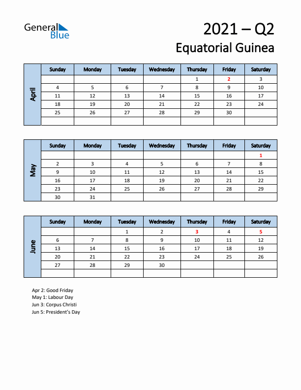 Free Q2 2021 Calendar for Equatorial Guinea - Sunday Start