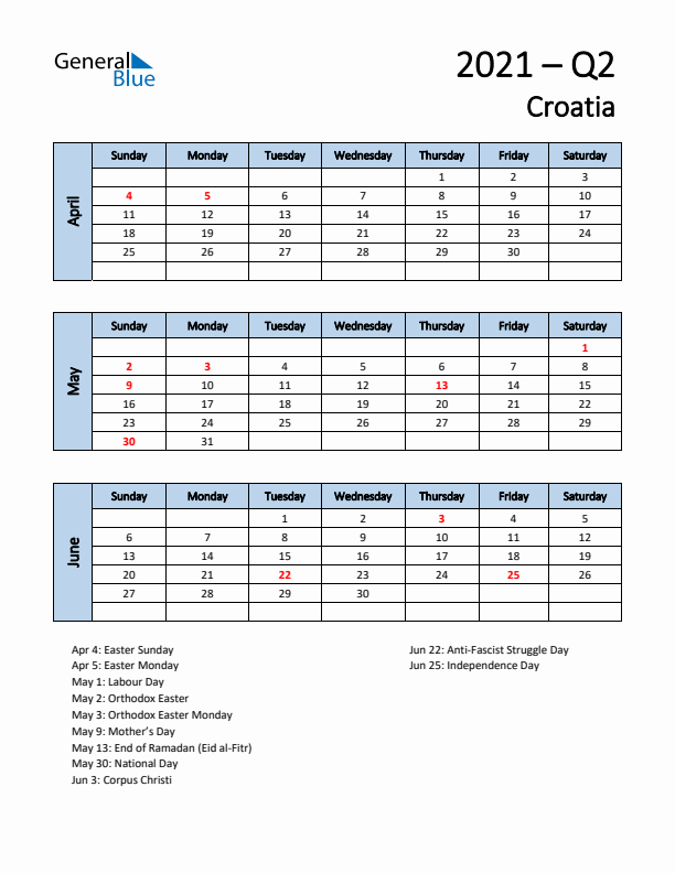 Free Q2 2021 Calendar for Croatia - Sunday Start