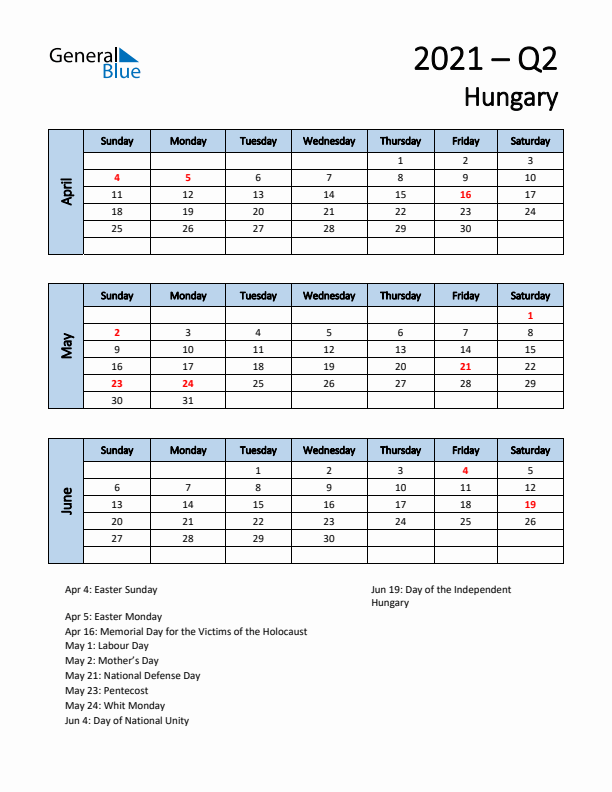Free Q2 2021 Calendar for Hungary - Sunday Start
