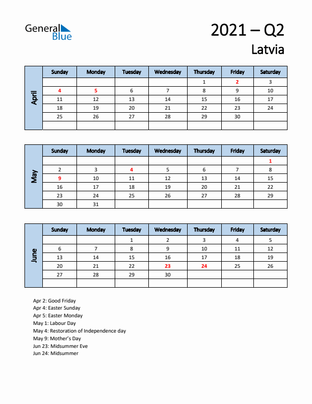 Free Q2 2021 Calendar for Latvia - Sunday Start