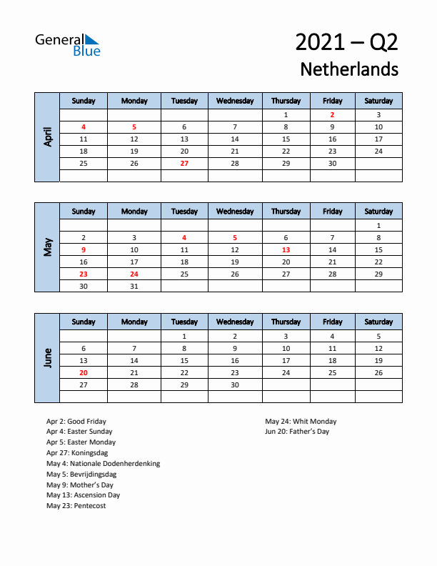 Free Q2 2021 Calendar for The Netherlands - Sunday Start