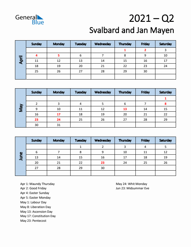 Free Q2 2021 Calendar for Svalbard and Jan Mayen - Sunday Start