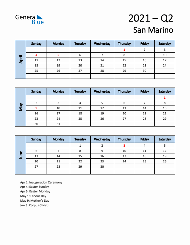 Free Q2 2021 Calendar for San Marino - Sunday Start