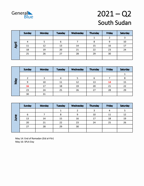 Free Q2 2021 Calendar for South Sudan - Sunday Start