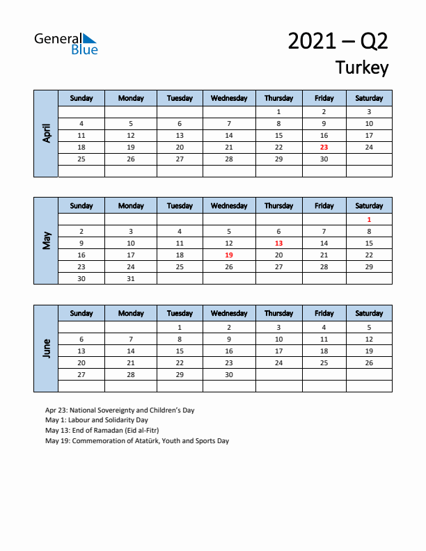 Free Q2 2021 Calendar for Turkey - Sunday Start