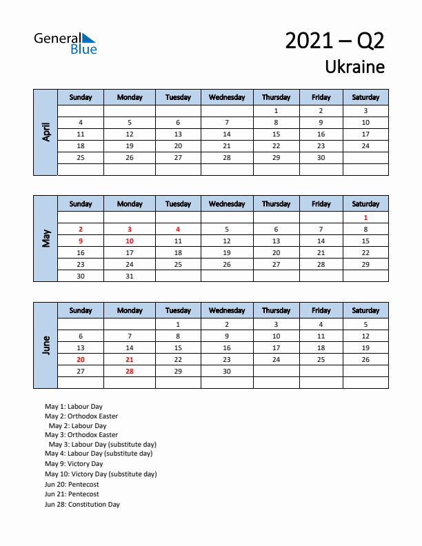 Free Q2 2021 Calendar for Ukraine - Sunday Start
