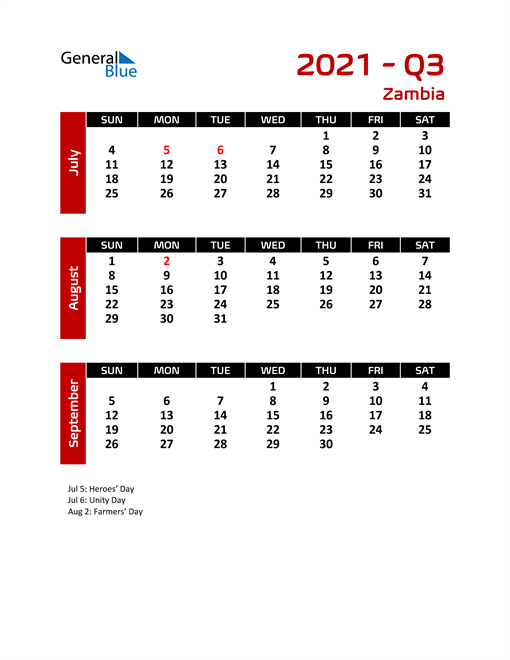  Q3 2021 Calendar with Holidays