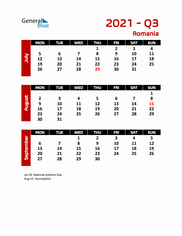 Q3 2021 Calendar with Holidays