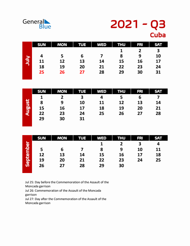 Q3 2021 Calendar with Holidays