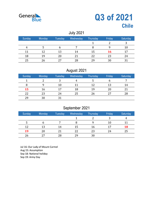  Chile 2021 Quarterly Calendar 