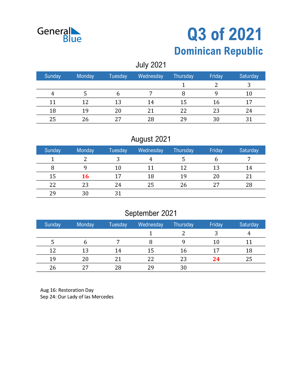  Dominican Republic 2021 Quarterly Calendar 