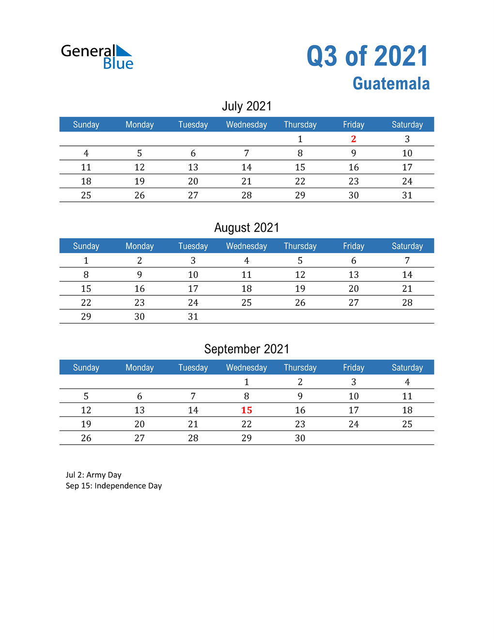  Guatemala 2021 Quarterly Calendar 