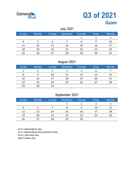  Guam 2021 Quarterly Calendar 
