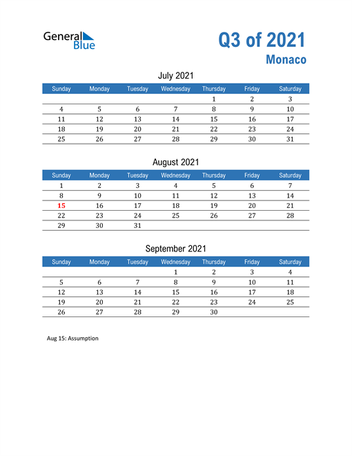  Monaco 2021 Quarterly Calendar 