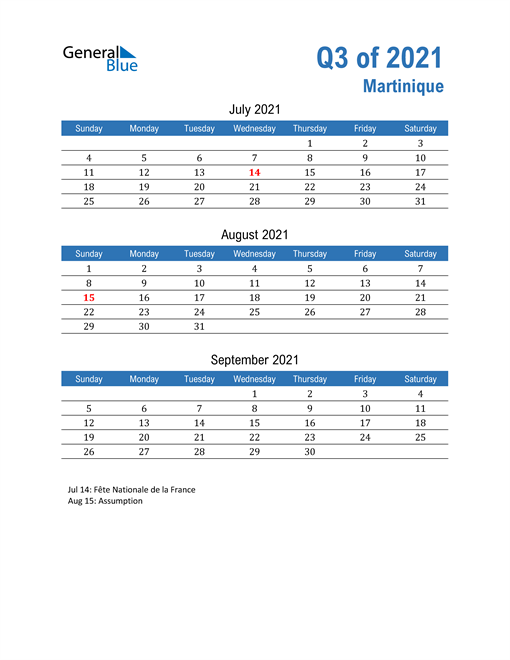  Martinique 2021 Quarterly Calendar 