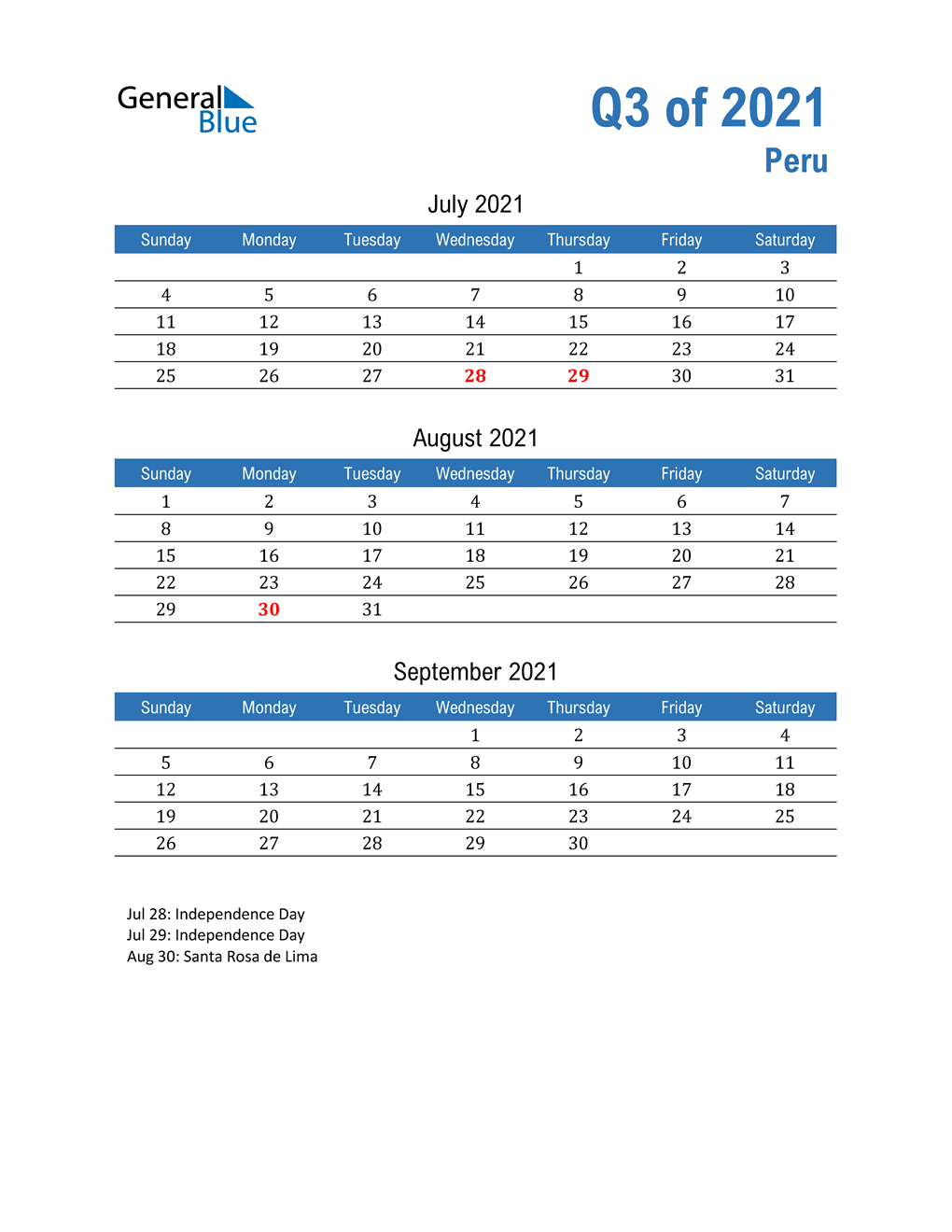  Peru 2021 Quarterly Calendar 