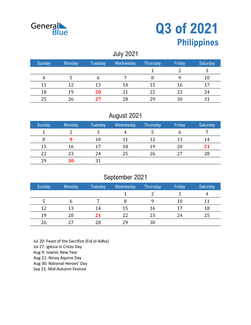  Philippines 2021 Quarterly Calendar 