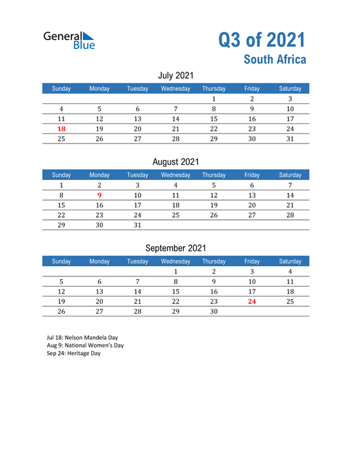  South Africa 2021 Quarterly Calendar 