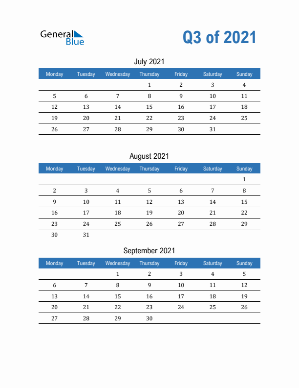 Fillable Quarterly Calendar for Q3 2021