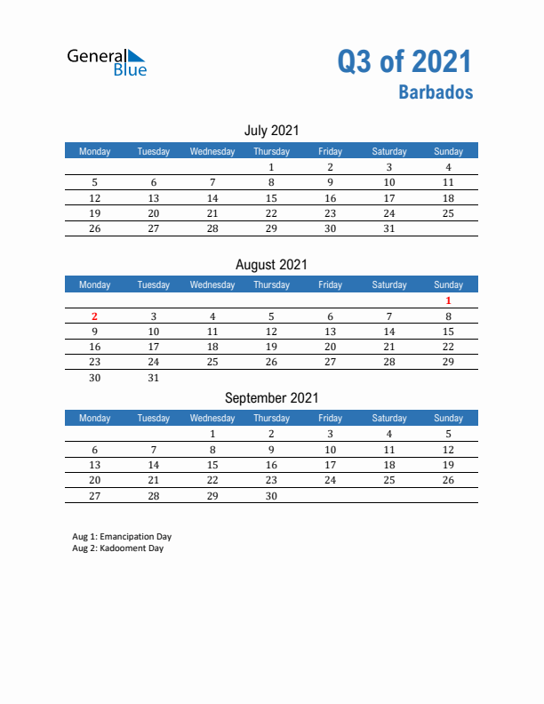 Barbados 2021 Quarterly Calendar with Monday Start
