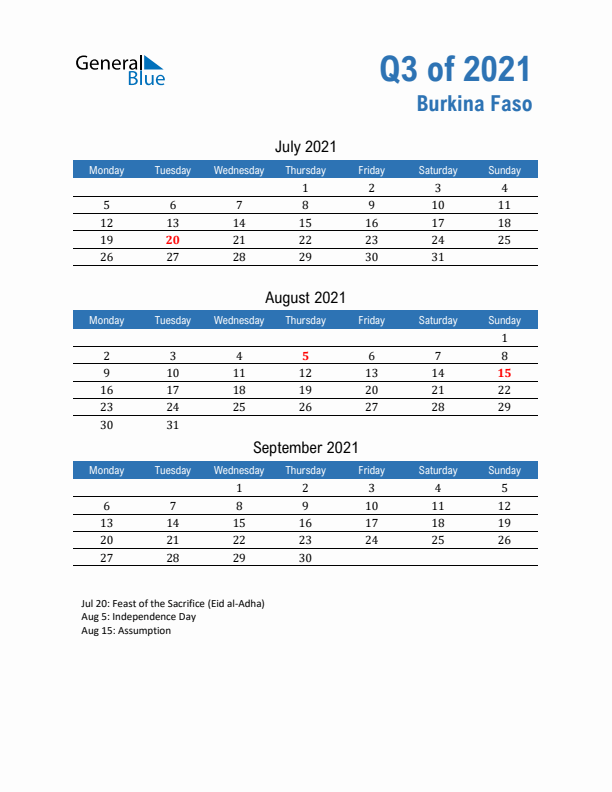 Burkina Faso 2021 Quarterly Calendar with Monday Start